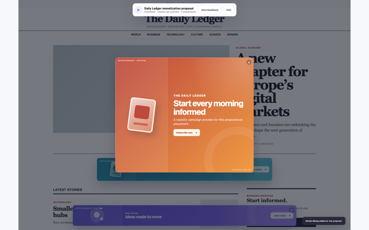 Example placement proposal displayed over a publisher website
